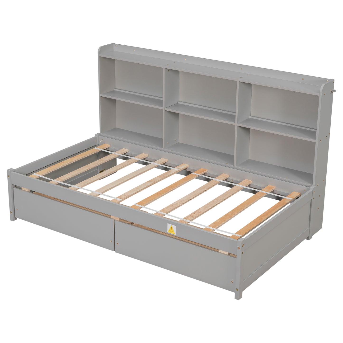 Twin Bed with Side Bookcase, Drawers ,Grey