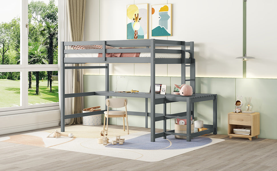 Full Loft Bed with Built-in Desk, Ladder Platform, Ladders, Guardrails,Grey