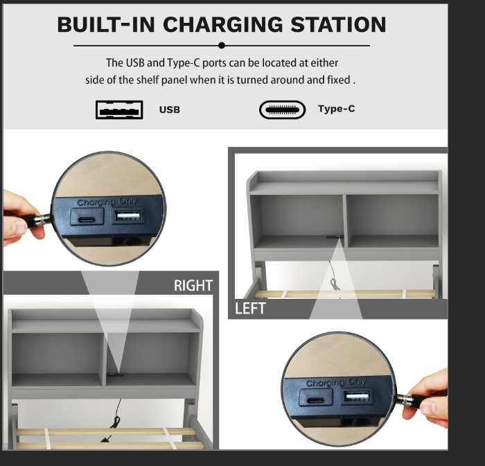 Full Size Bed with USB & Type-C Ports, LED light, Bookcase Headboard, Trundle and 3 Storage Drawers , Full Size Size Bed with  Bookcase Headboard, Trundle and Storage drawers ,Grey
