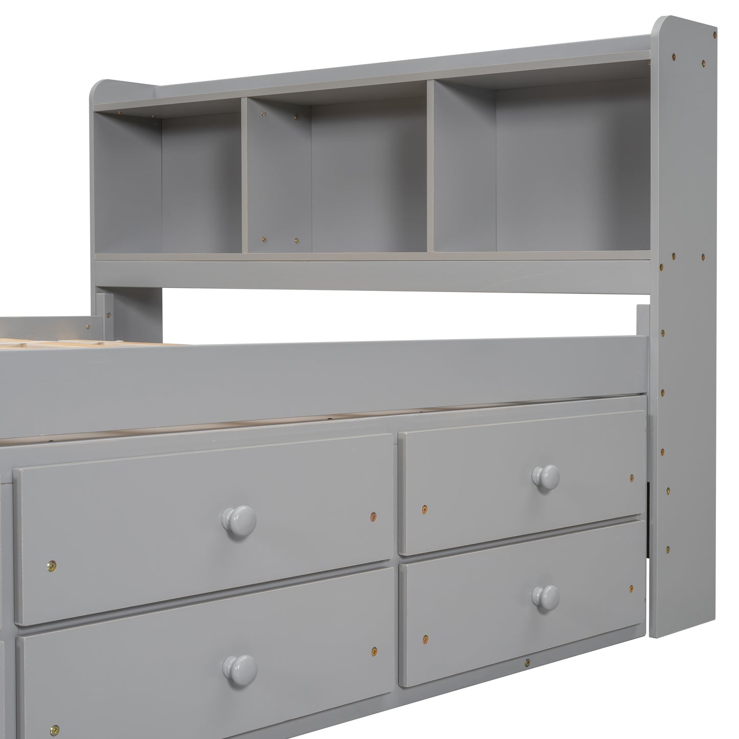 Full Bed with Bookcase Headboard, Under bed Storage Drawers and Bed End Storage Case,Grey