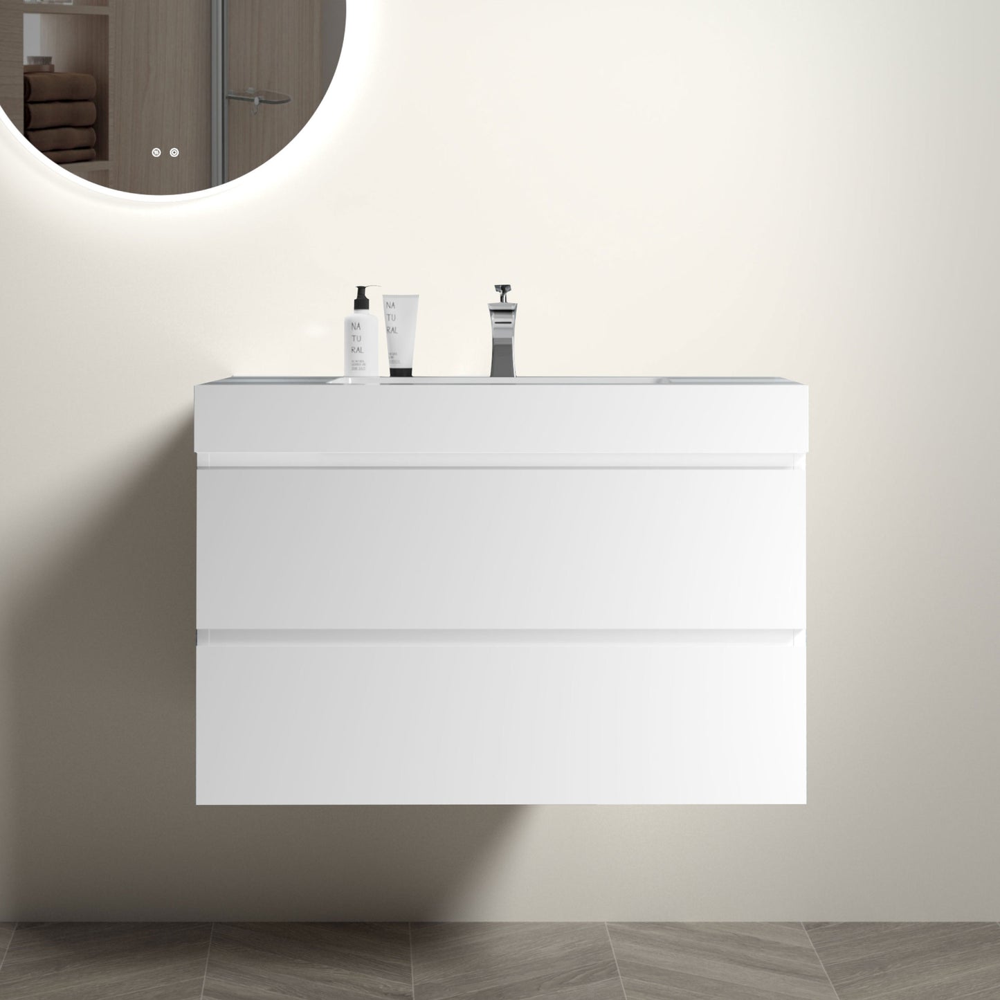 BB02-36-101, Integrated solid surface basin WITHOUT drain and faucet, glossy white color