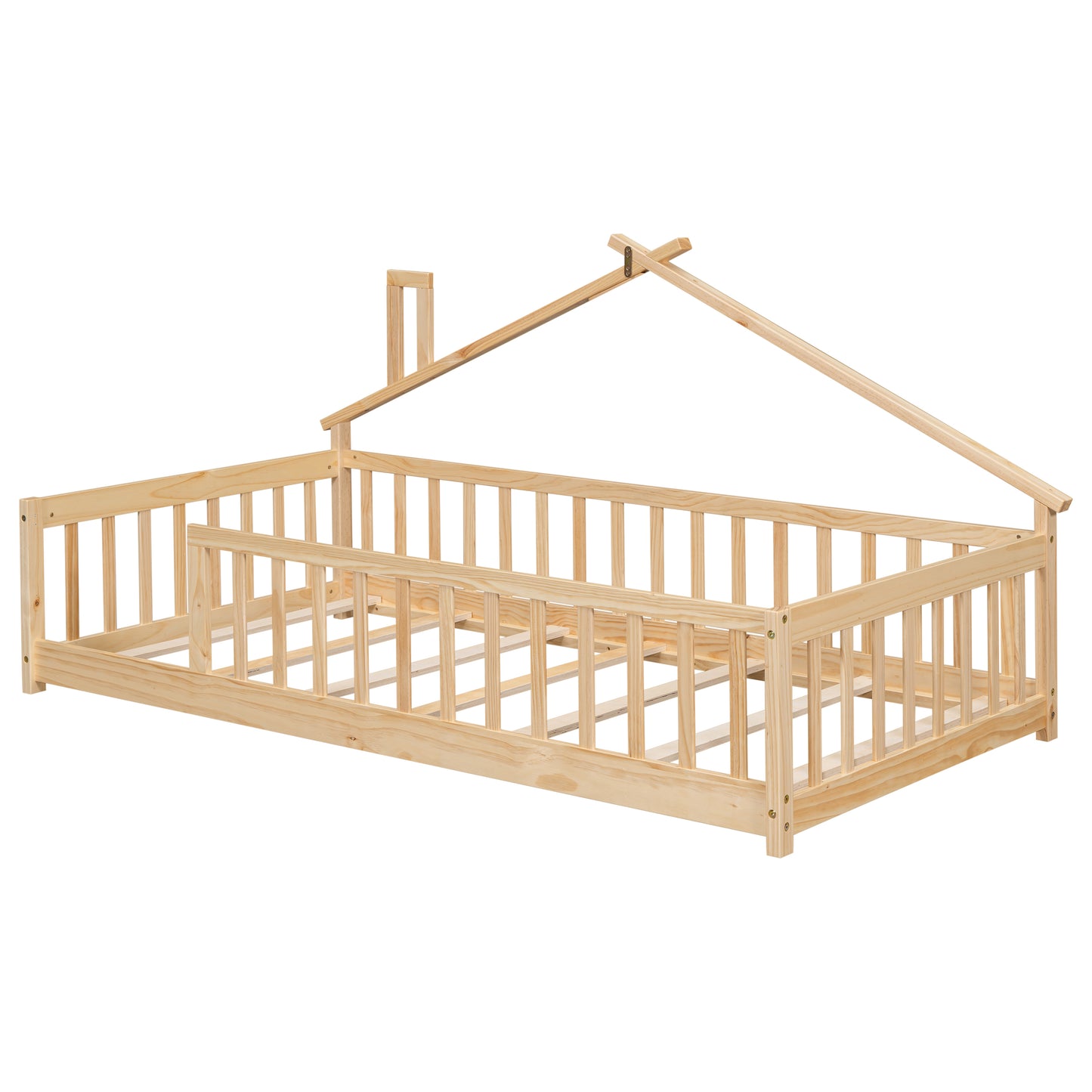 Twin House-Shaped Bedside Floor Bed with Guardrails, Slats, without Door ,Natural