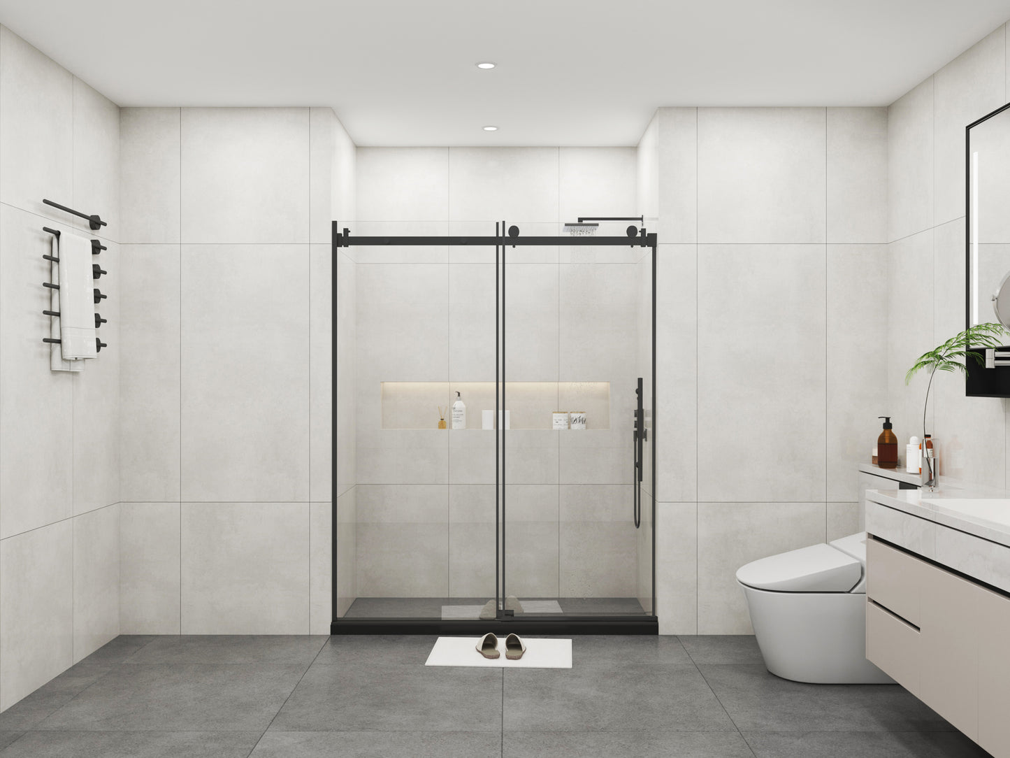 Frameless Sliding Glass Shower Doors 60" Width x 76"Height with 3/8"(10mm) Clear Tempered Glass, Matt Black Finish