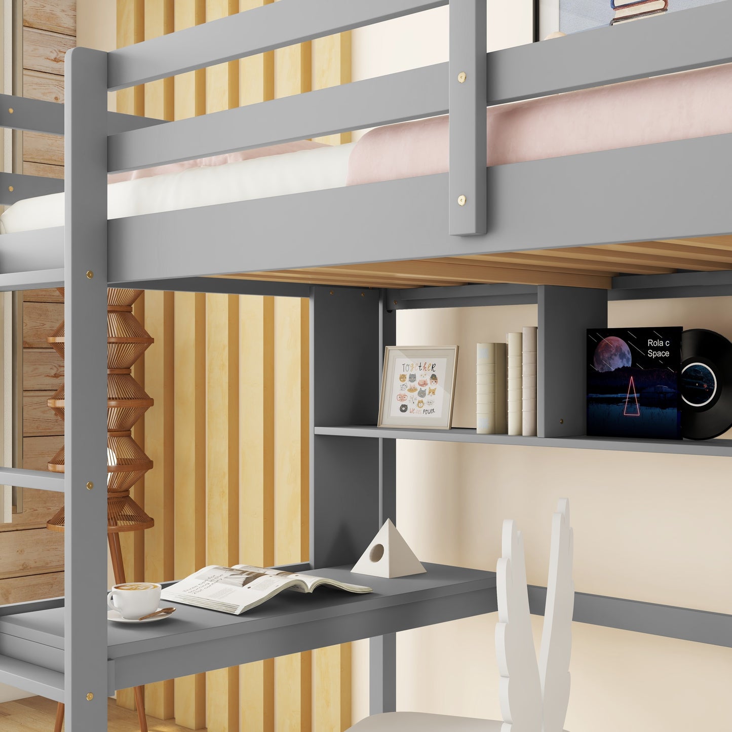 Twin Loft Bed with built-in desk and bookcase of three compartments, Guardrails and Ladder,Grey