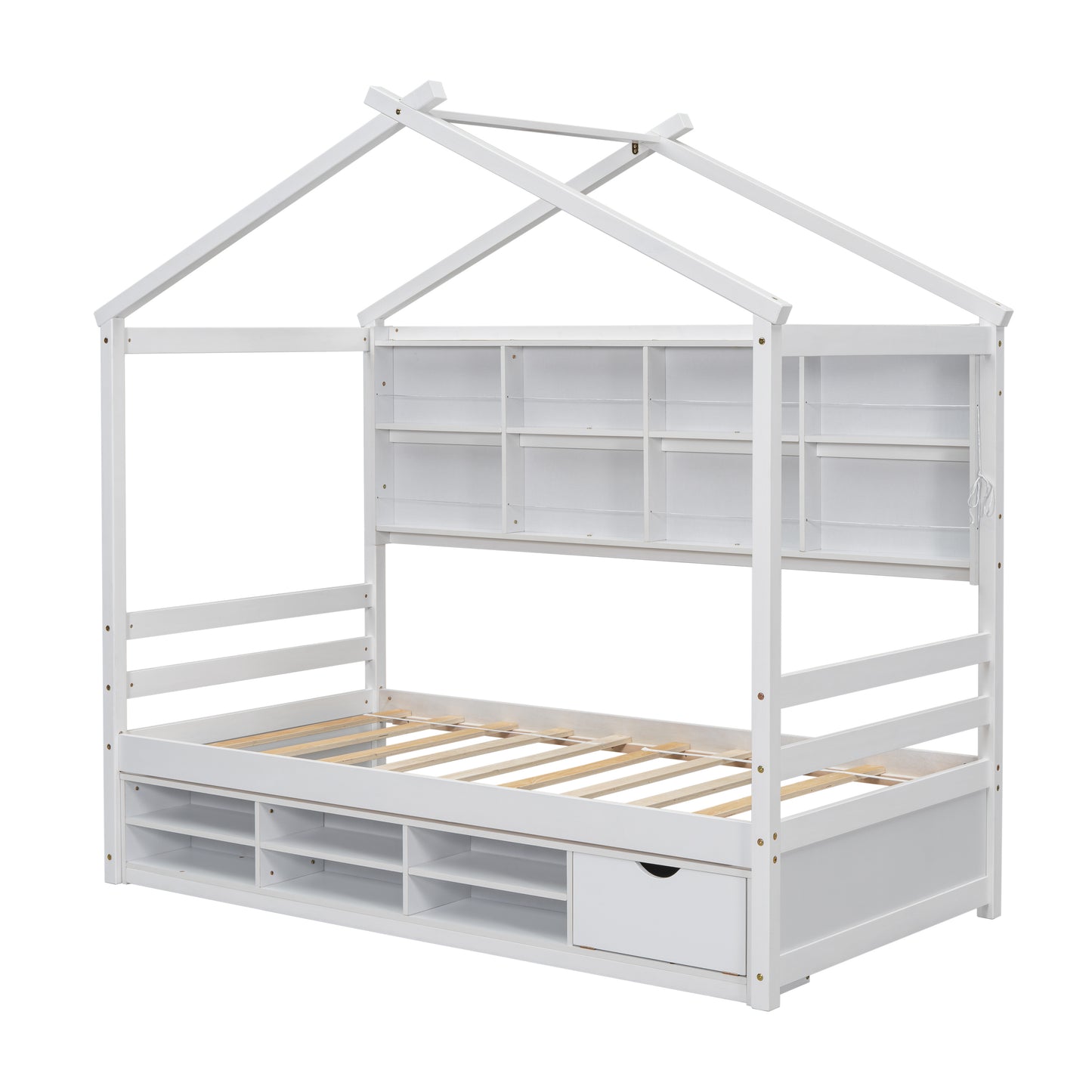 Twin House Bed with Roof Frame, Bedside-shelves, Under Bed Storage Unit,White