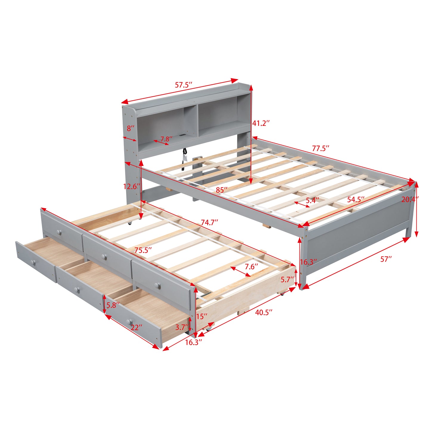 Full Size Bed with USB & Type-C Ports, LED light, Bookcase Headboard, Trundle and 3 Storage Drawers , Full Size Size Bed with  Bookcase Headboard, Trundle and Storage drawers ,Grey