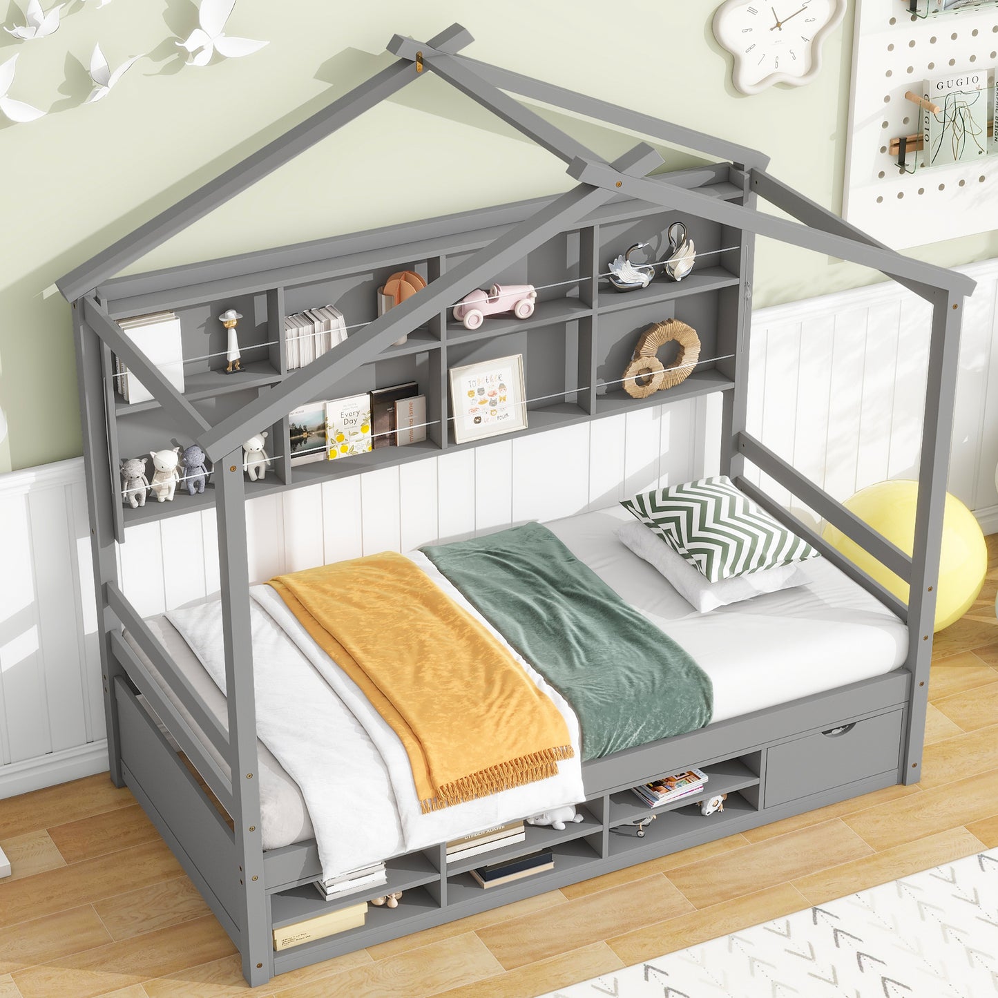 Twin House Bed with Roof Frame, Bedside-shelves, Under Bed Storage Unit,Grey