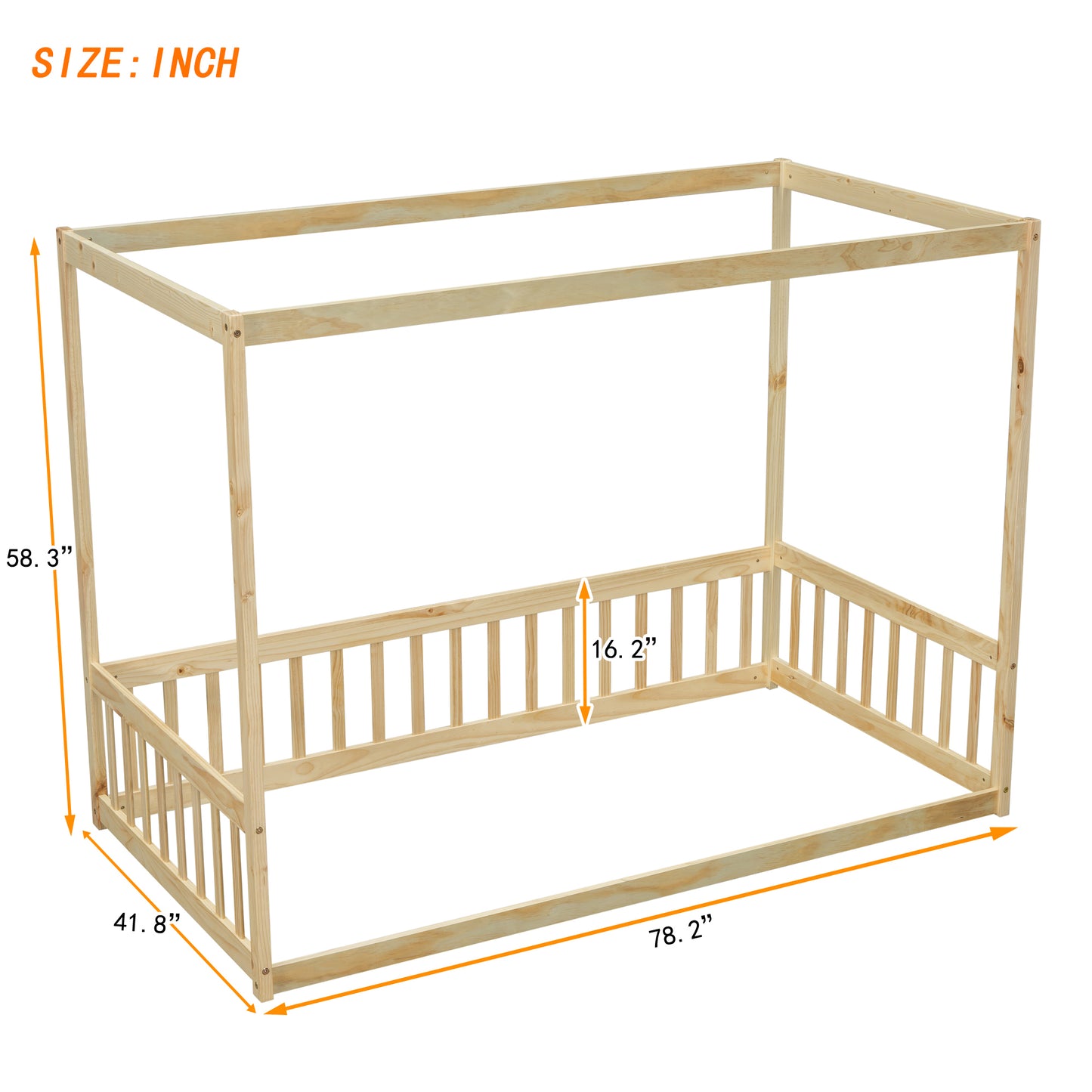 Twin Size Canopy Frame Floor Bed with Fence, Guardrails,Natural