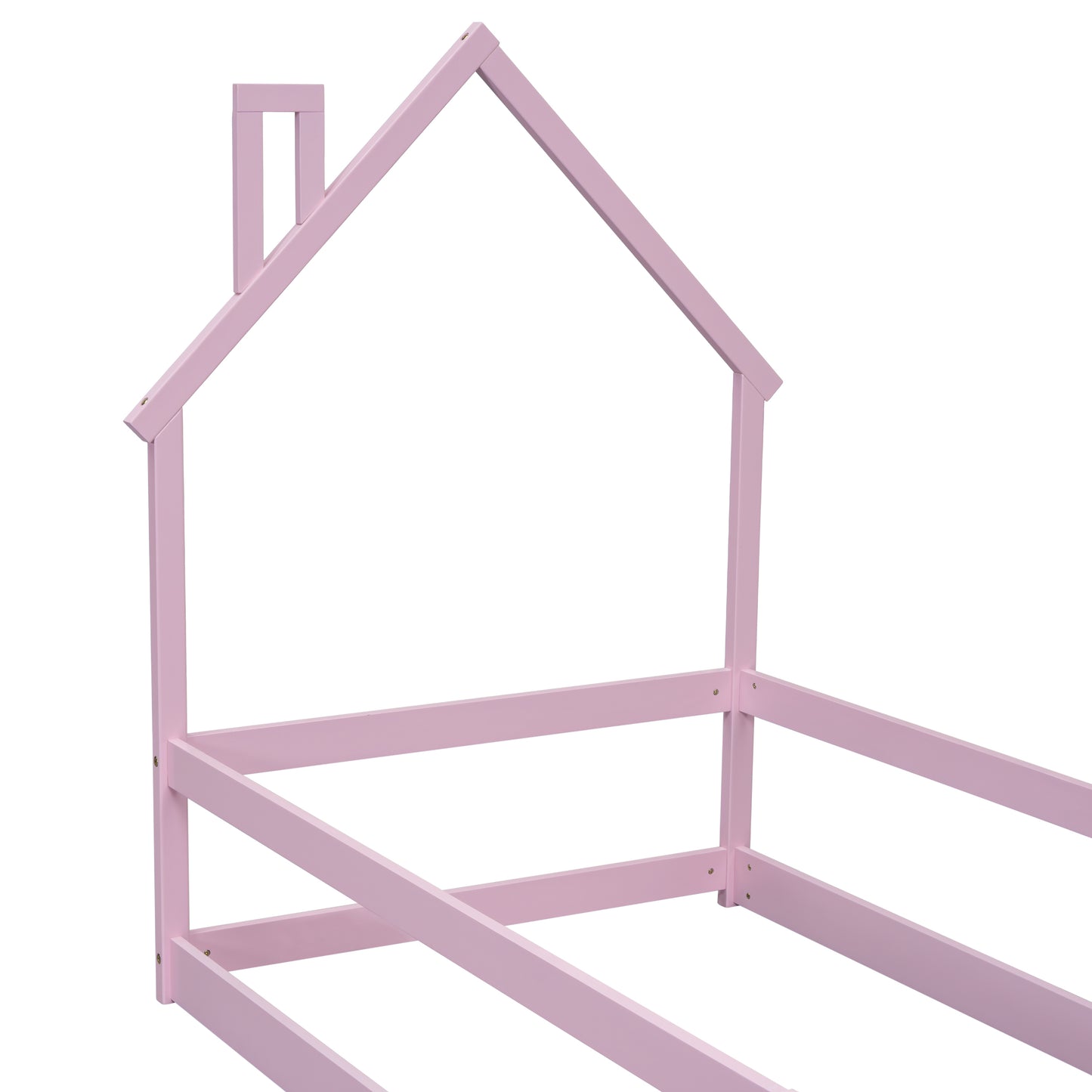 Twin Size Wood bed with House-shaped Headboard Floor bed with Fences,Pink