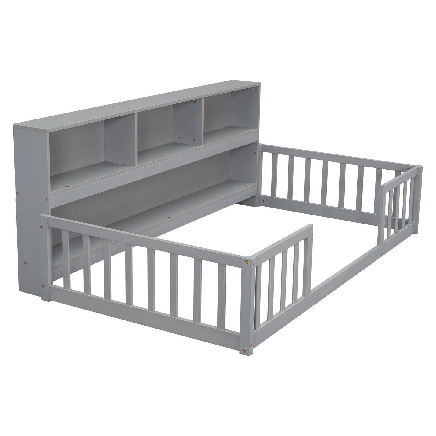 Twin Floor Bed with  Bedside Bookcase,Shelves,Guardrails,Grey