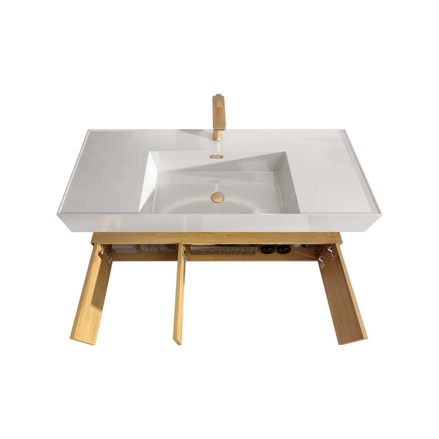 U065-Flora48W-106 Floating Bathroom Sink with Storage Cabinet, Natural Oak Wall-mounted Basin with Cabinet with 3 Soft Close Doors