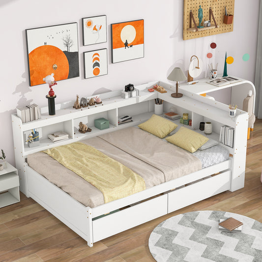 Full Bed with L-shaped Bookcases, Drawers ,White