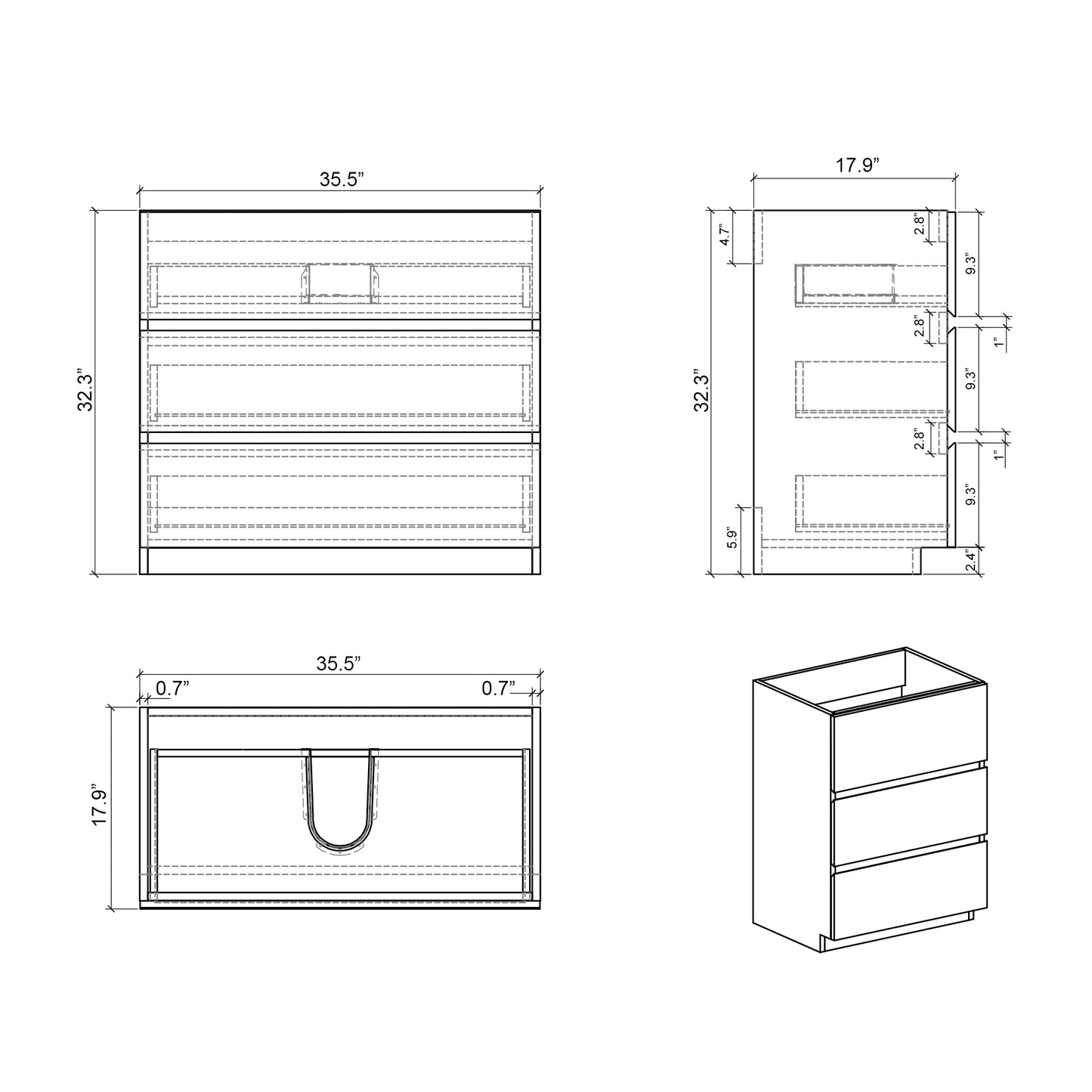 Alice-36F-102,Floor cabinet WITHOUT basin, Gray color, With three drawers, Pre-assembled