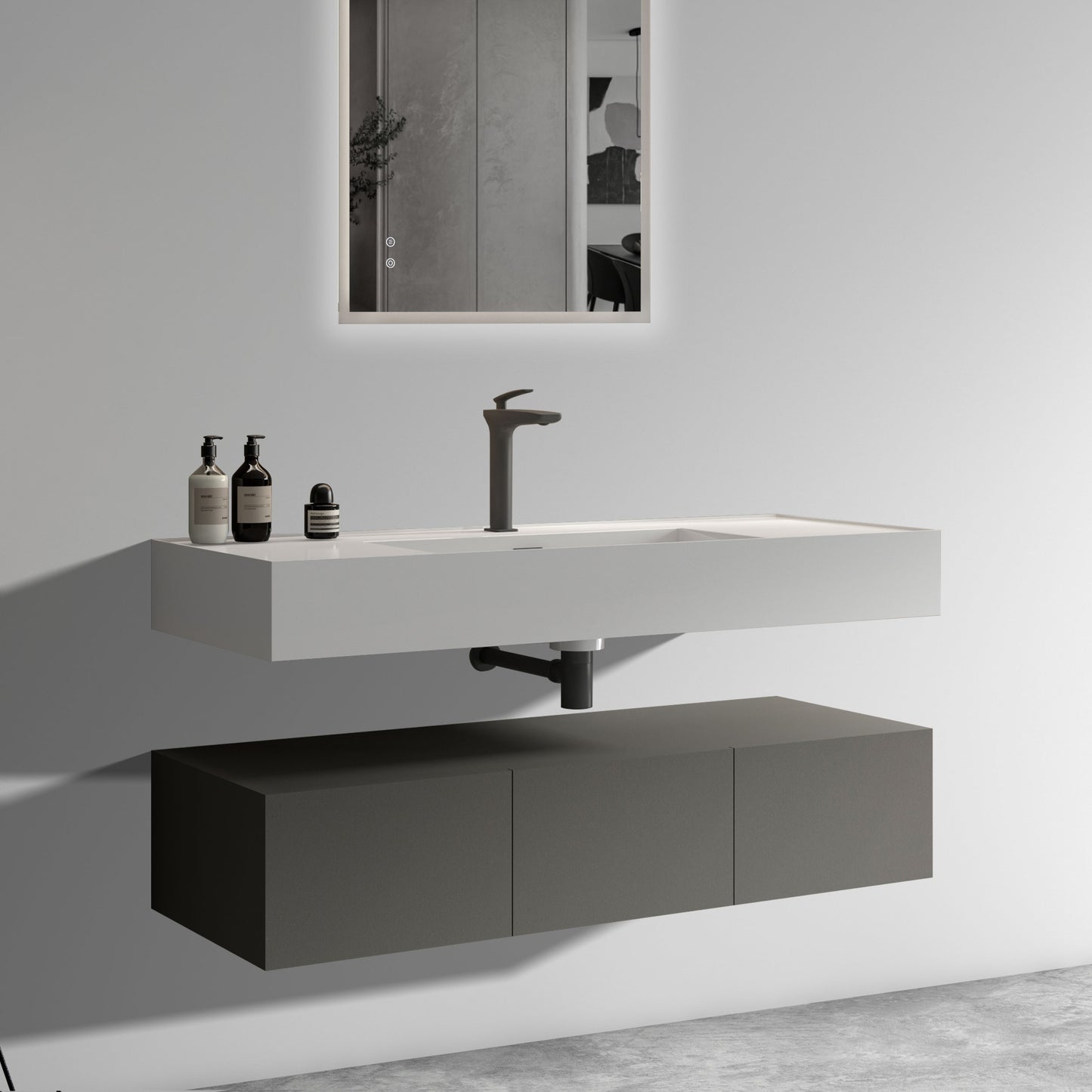 U064-Flora48W-102 Floating Bathroom Sink with Storage Cabinet, Space Gray Wall-mounted Basin with Cabinet with 3 Soft Close Doors