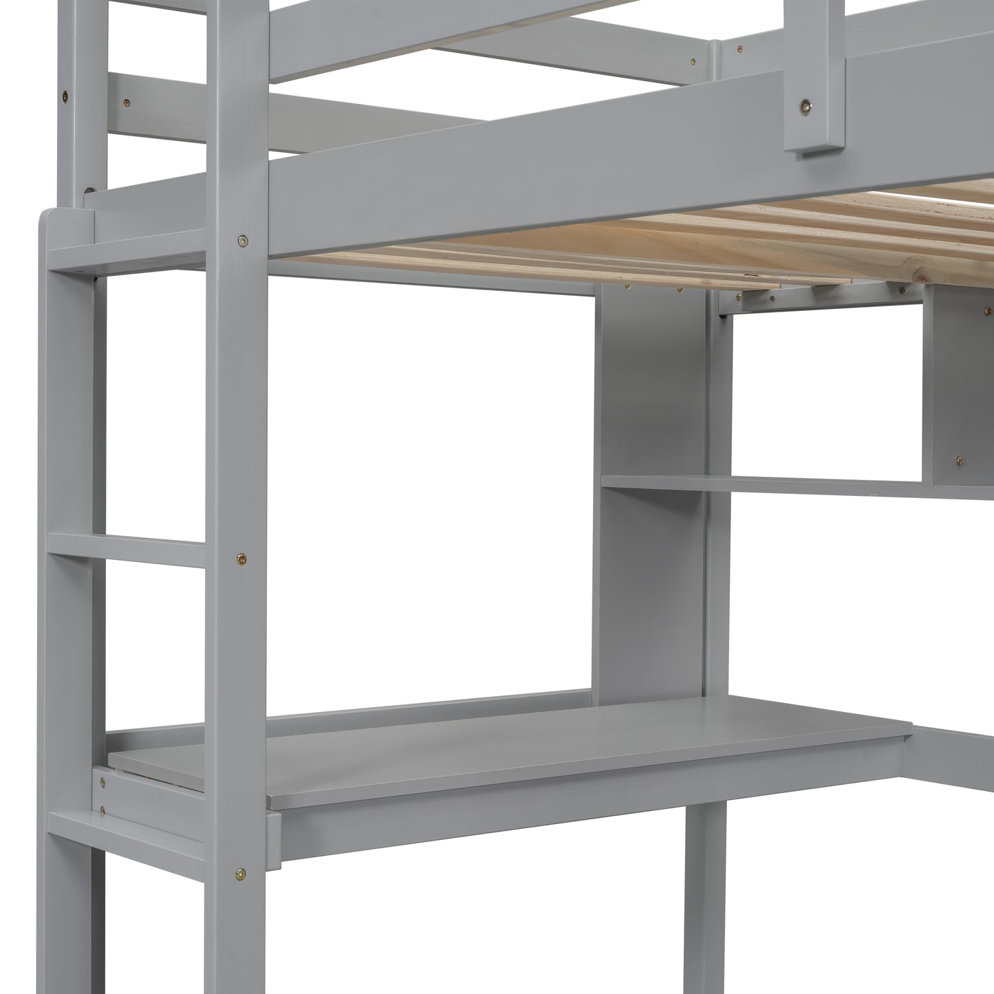 Twin Loft Bed with built-in desk and bookcase of three compartments, Guardrails and Ladder,Grey