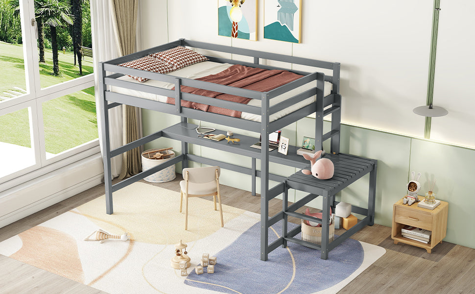 Full Loft Bed with Built-in Desk, Ladder Platform, Ladders, Guardrails,Grey