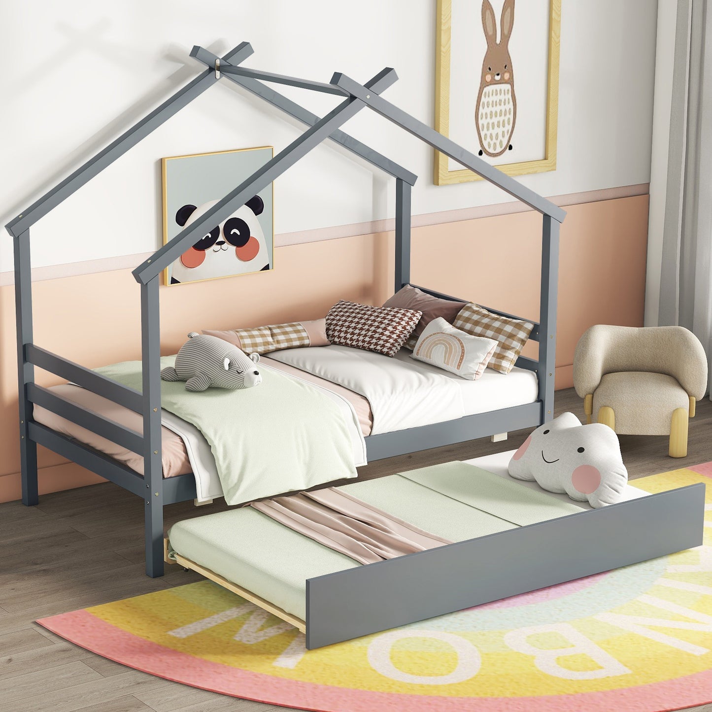 Twin Size  House-shaped Bed with Trundle,Grey