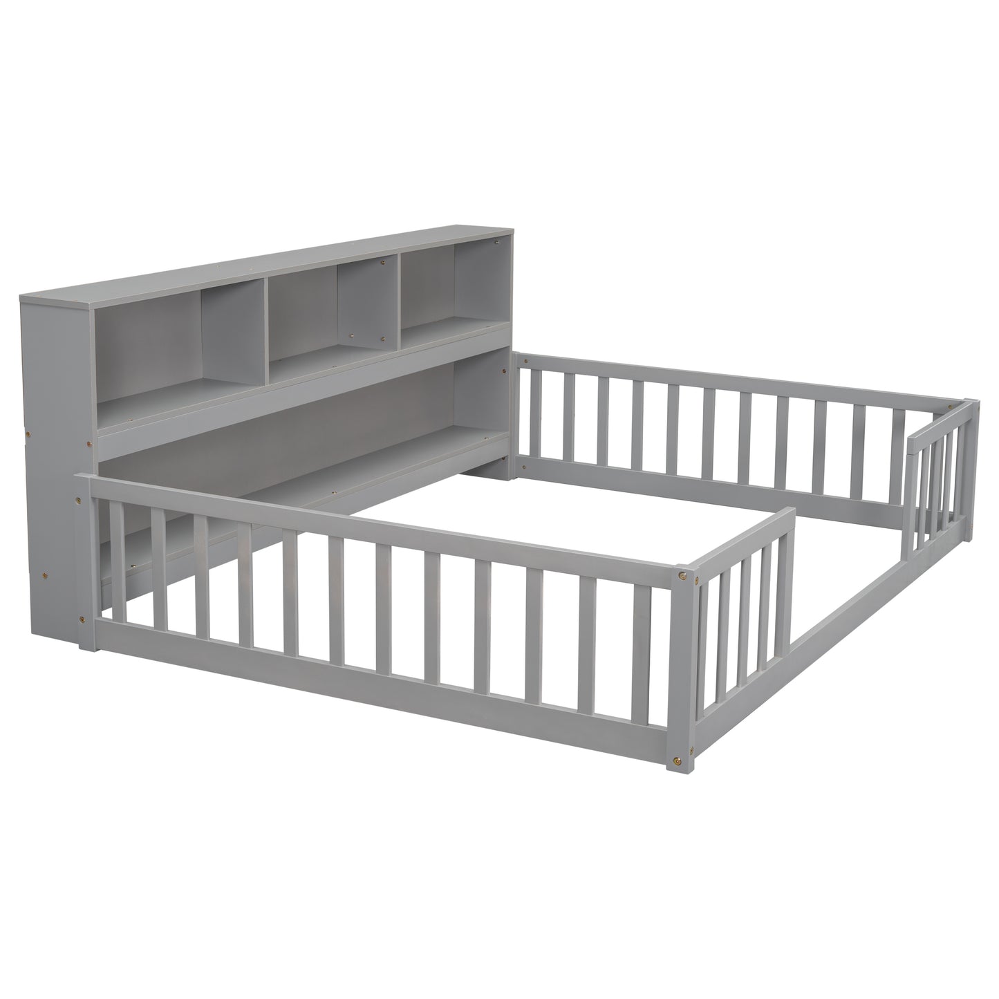 Full Floor Bed with Side Bookcase,Shelves,Guardrails,Grey