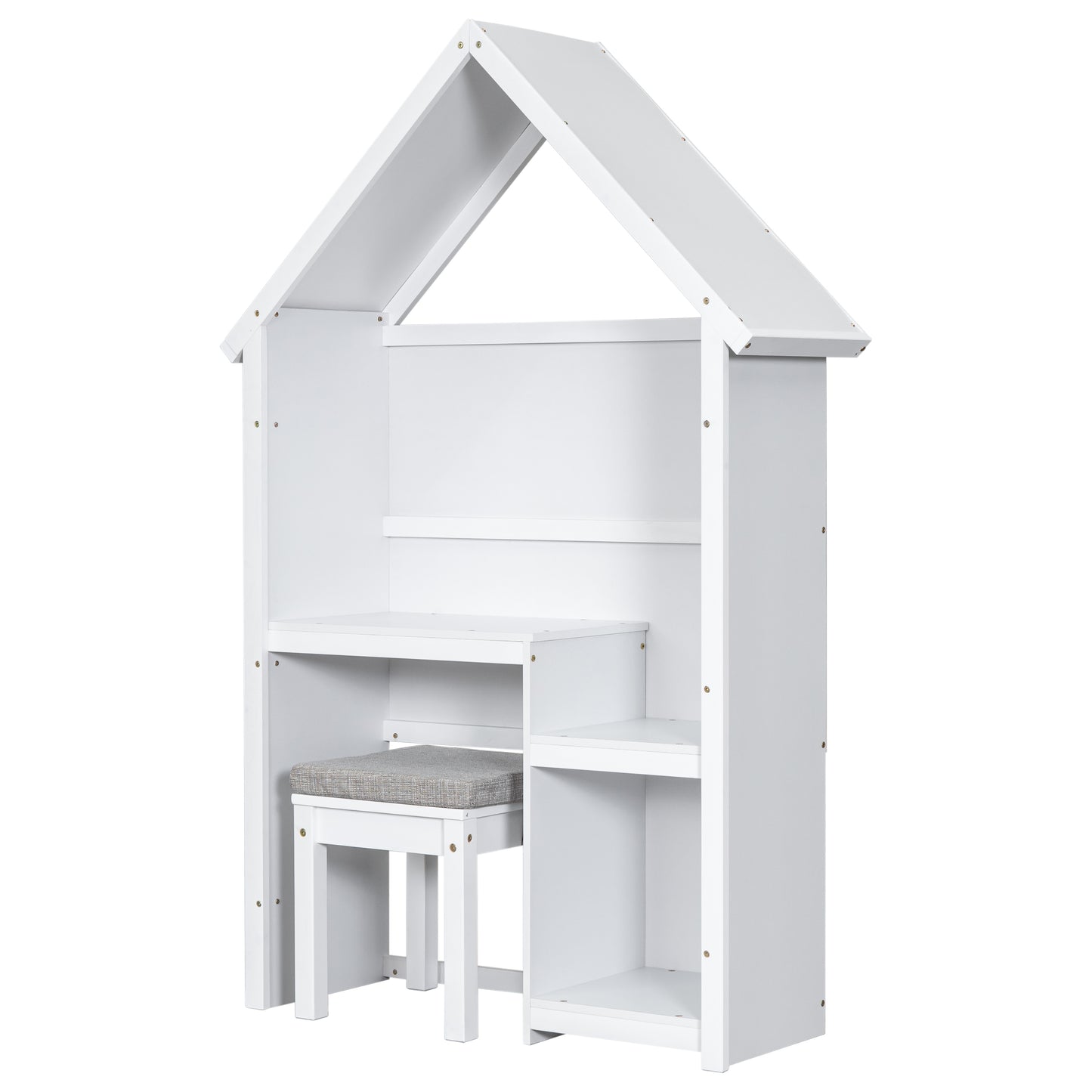 House-Shaped Kids Desk with a cushion stool,House-Style Desk and Stool Set,White