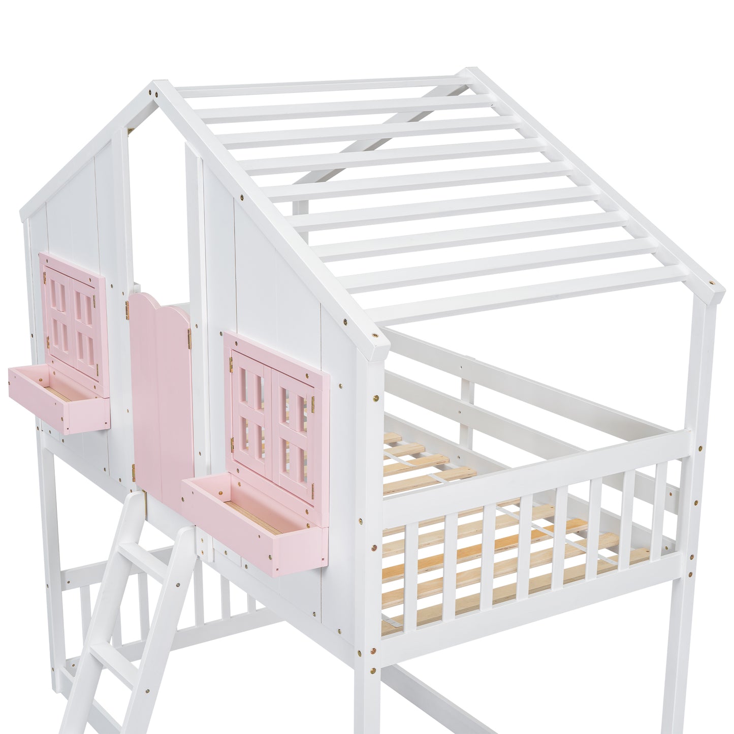 Twin over Twin House Bunk Bed with Roof , Window, Window  Box, Door , with Safety Guardrails and Ladder, Pink/White