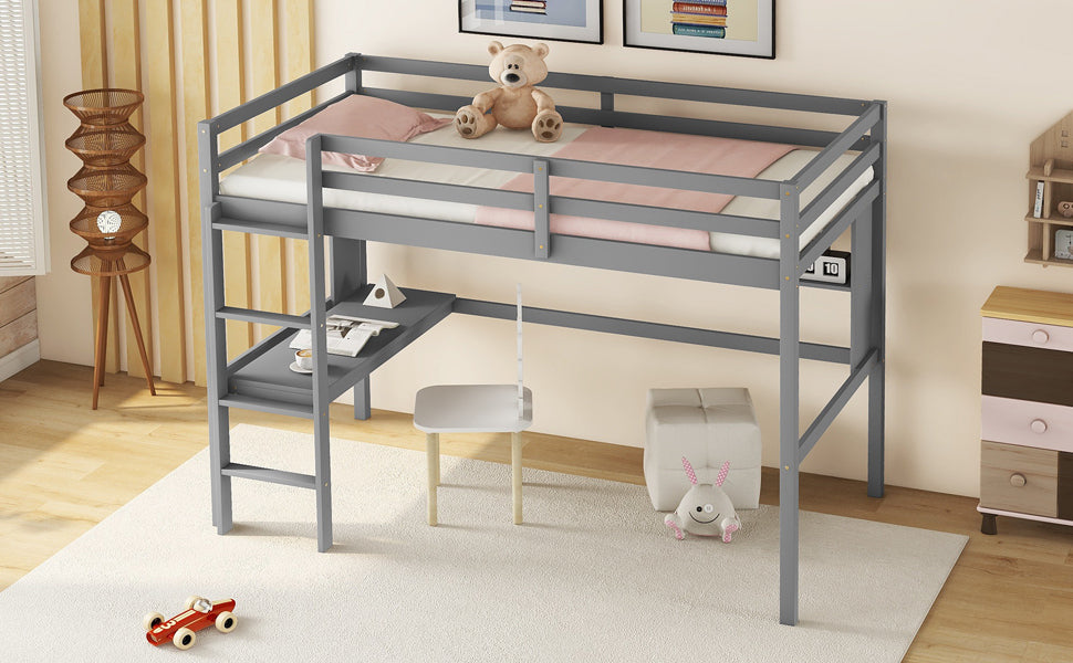 Twin Loft Bed with built-in desk and bookcase of three compartments, Guardrails and Ladder,Grey