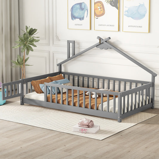 Twin House-Shaped Bedside Floor Bed with Guardrails, Slats, with Door,Grey