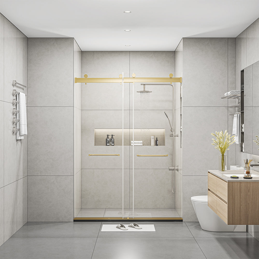 Frameless Sliding Glass Shower Doors 60" Width x 76"Height with 3/8"(10mm) Clear Tempered Glass, Brushed Gold