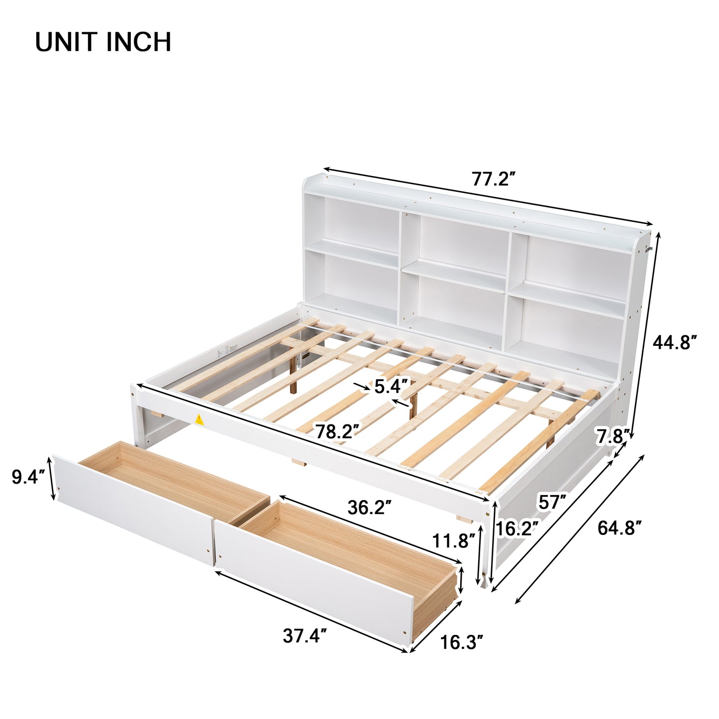 Full Bed with Side Bookcase, Drawers,White