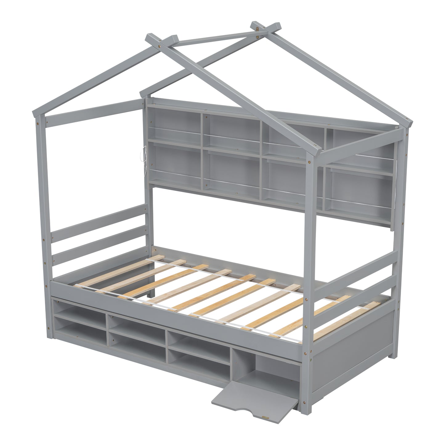 Twin House Bed with Roof Frame, Bedside-shelves, Under Bed Storage Unit,Grey