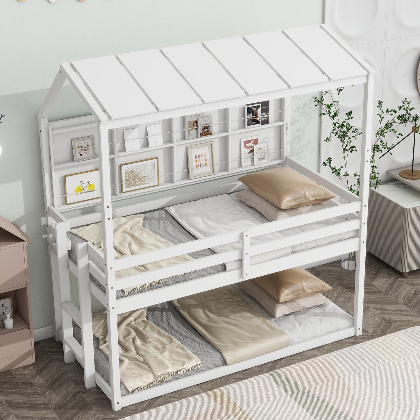 Twin House Loft Bed with Guardrails, Semi-enclosed Roof, Bedside Shelves and Ladder, White