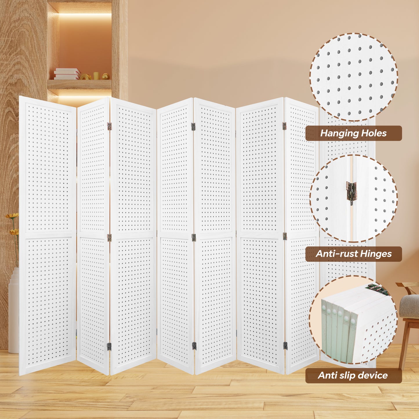 8 Panel Room Divider, 5.6Ft Pegboard Display Wooden Room Divider Folding Privacy Screen Room Divider Freestanding Peg Board Display for Trade Show Craft Show Home Wall Organizer,Elegant White