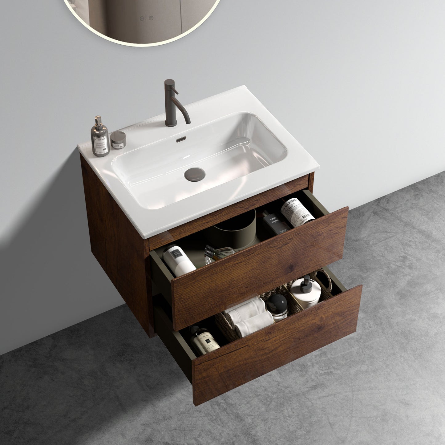 Wall Mount 24" Walnut Bathroom Vanity with Ceramic Sink with one faucet hole, Large Storage Floating Bathroom Vanity for Modern Bathroom, One-Piece Sink Basin without Drain and Faucet, Pre-assembled