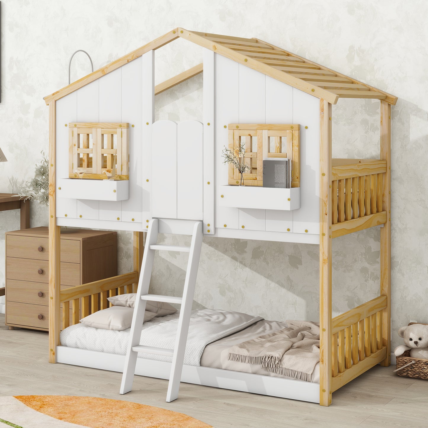 Twin over Twin House Bunk Bed with Roof , Window, Window  Box, Door , with Safety Guardrails and Ladder, Natural/White