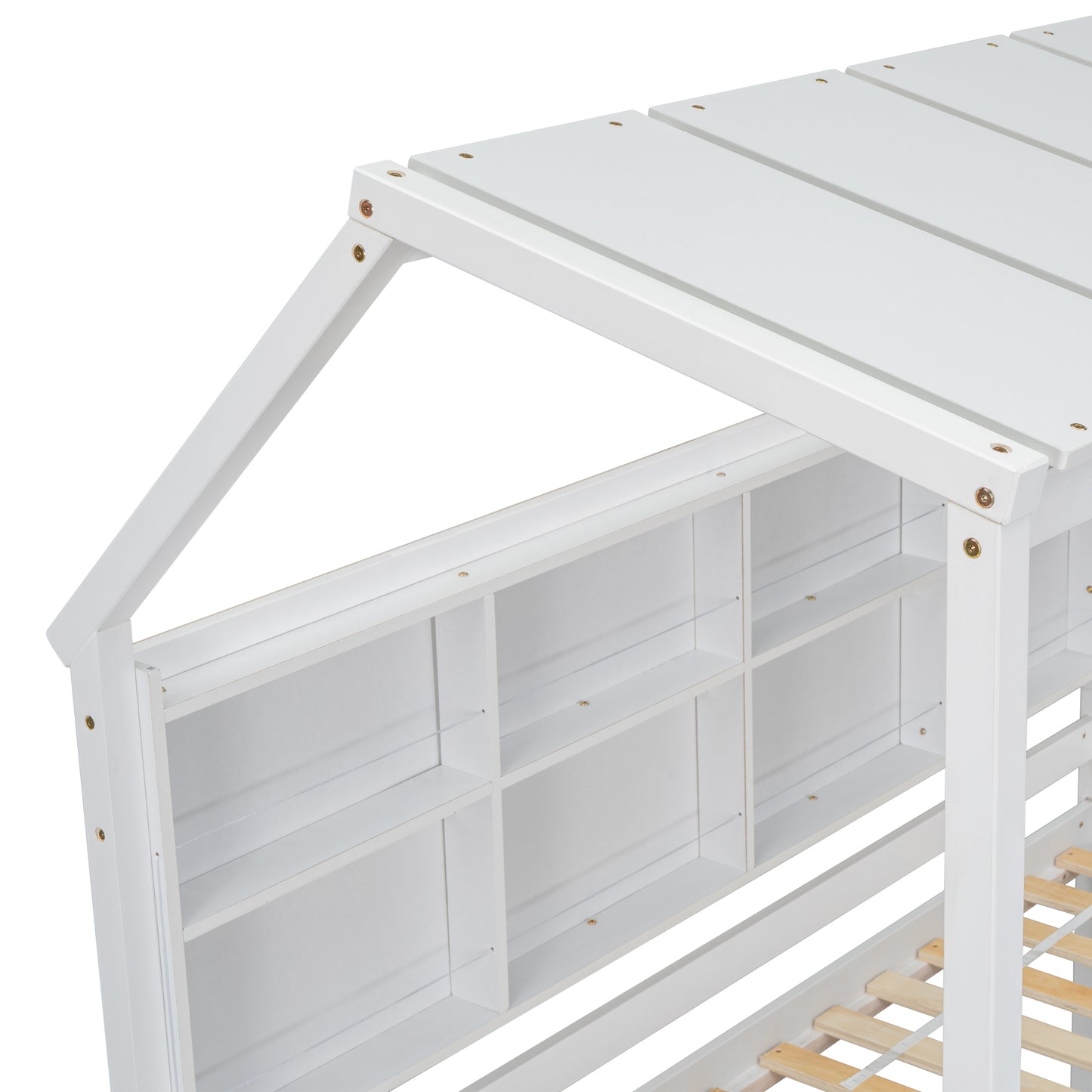 Twin House Loft Bed with Guardrails, Semi-enclosed Roof, Bedside Shelves and Ladder, White