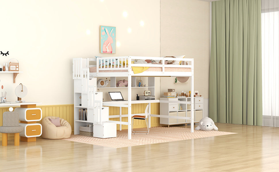 Full Size Loft Bed with Built-in Desk, Bookshelves and Storage Staircase,White(Old SKU:W504S00110)