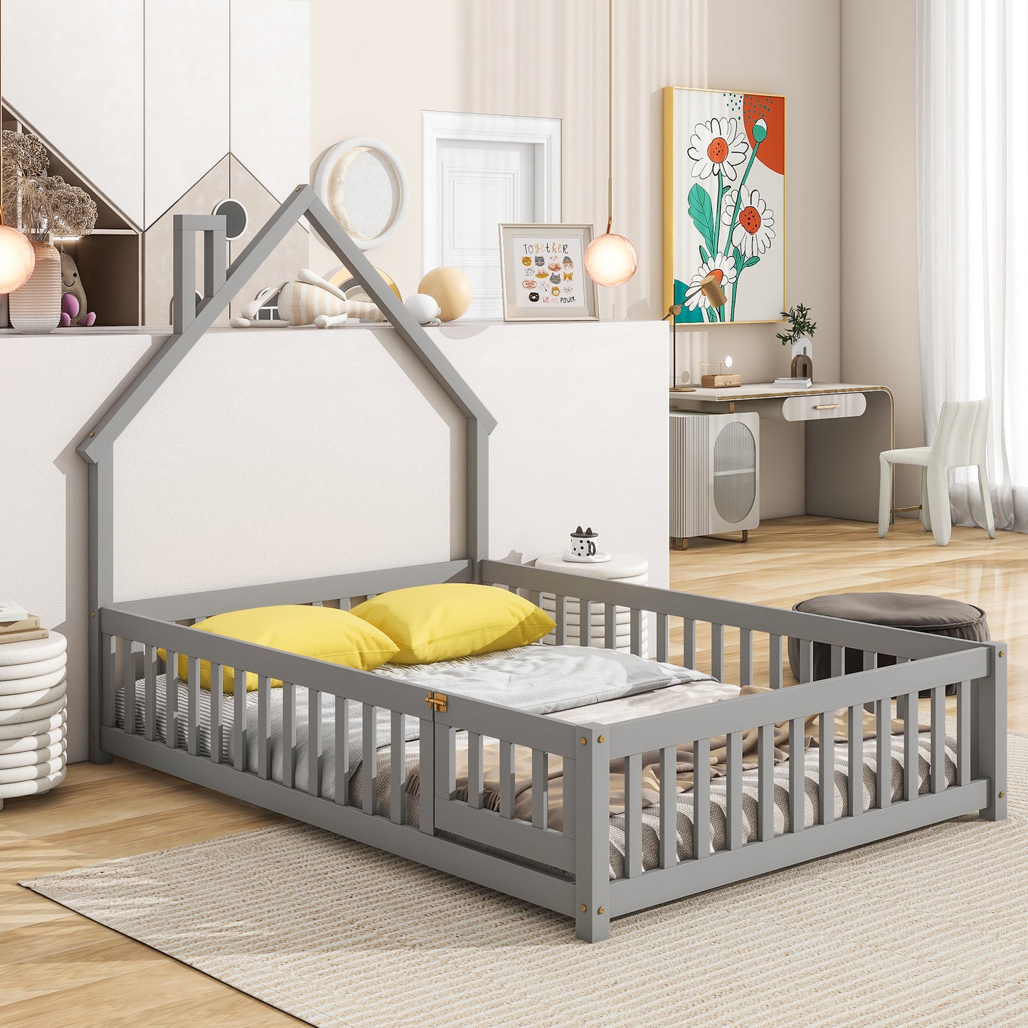 Full House-Shaped Headboard Floor Bed with Fence ,Grey