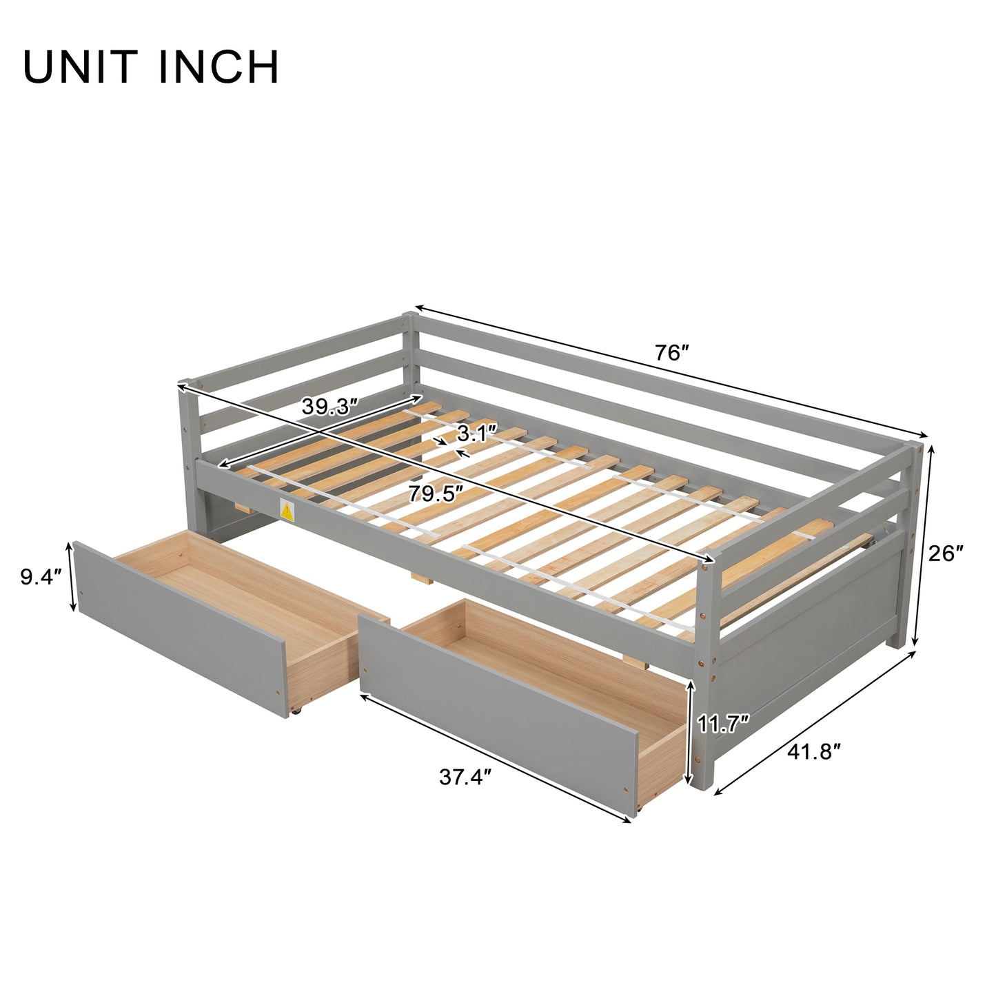 Grey Daybed with Storage Drawers, Wood Full Bed Frame with Built-in End Table for Bedroom, Living Room