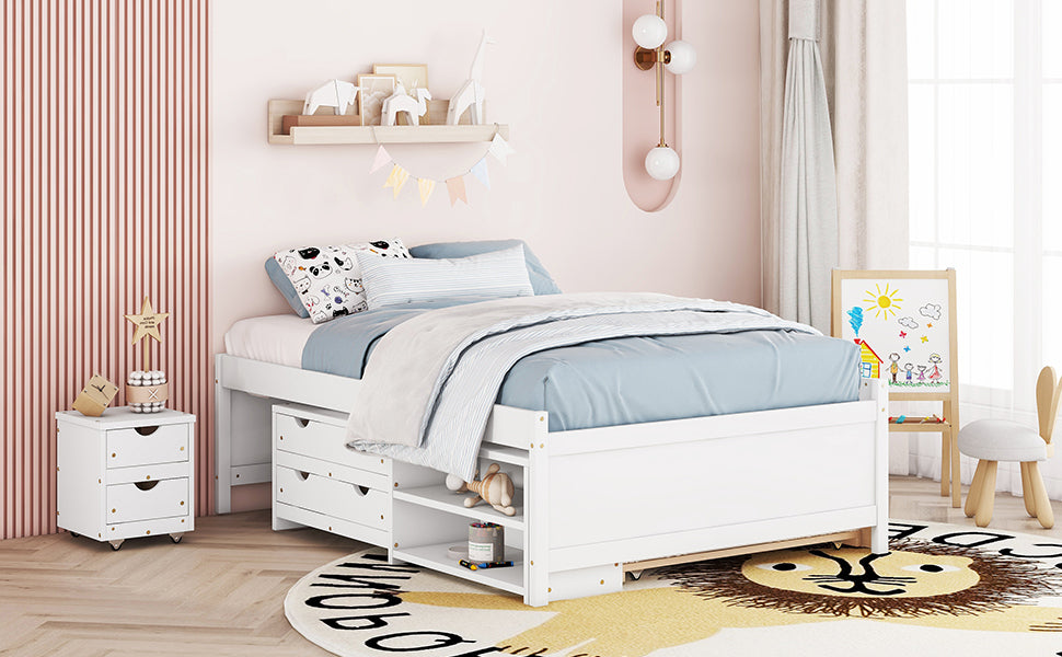 Versatile Full Bed with Trundle,Under bed Storage Box and Nightstand .White