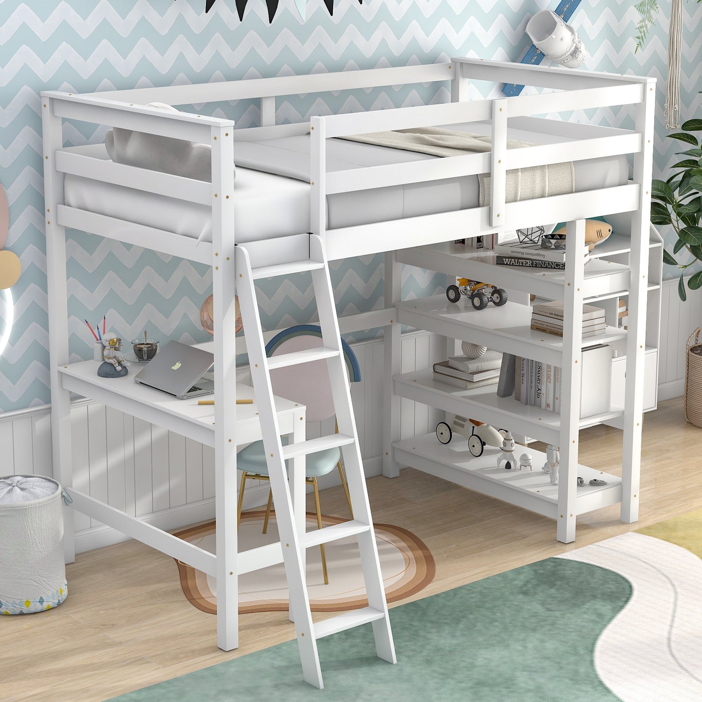 Twin Loft Bed with desk,ladder,shelves , White