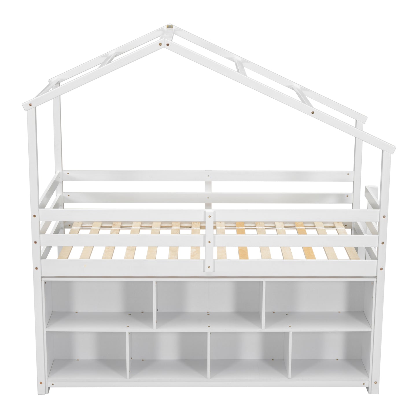 Twin House Loft Bed with Roof Frame, Under Bed Shelving Storage Unit, Guardrails, Ladder,White