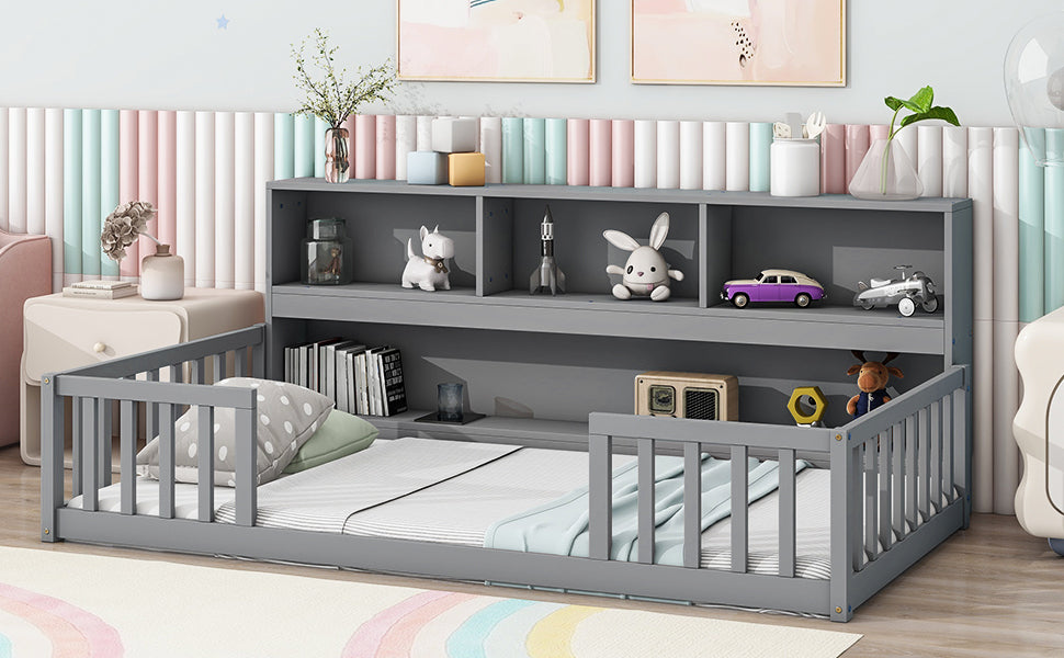 Twin Floor Bed with  Bedside Bookcase,Shelves,Guardrails,Grey