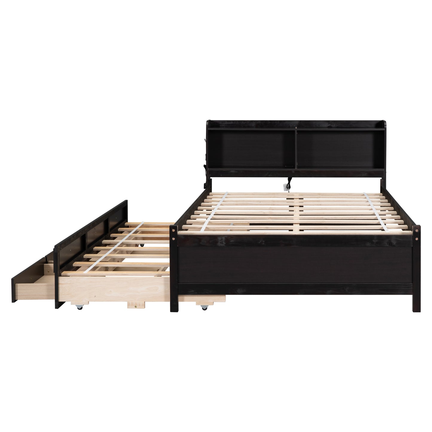 Full Size Bed with USB & Type-C Ports, LED light, Bookcase Headboard, Trundle and 3 Storage Drawers , Full Size Size Bed with  Bookcase Headboard, Trundle and Storage drawers,Espresso