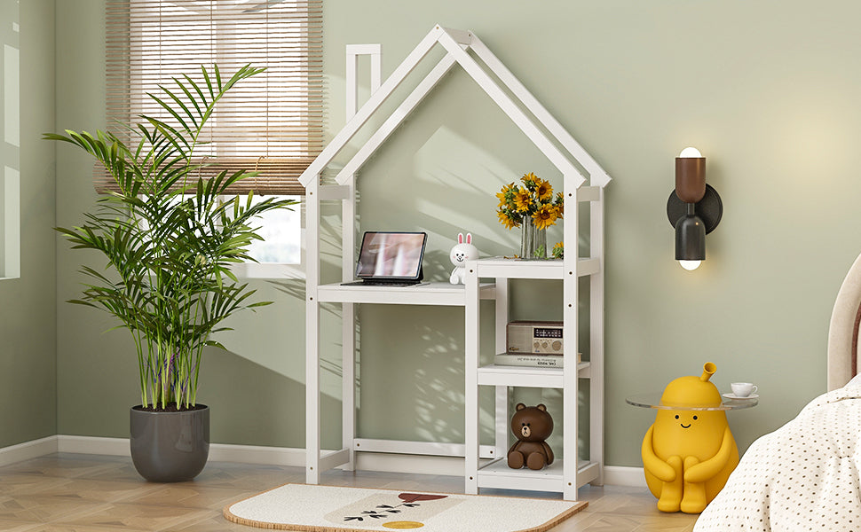 House-shaped Wooden writing Desk,Kids study Table,Bookshelf & Toy Storage,White