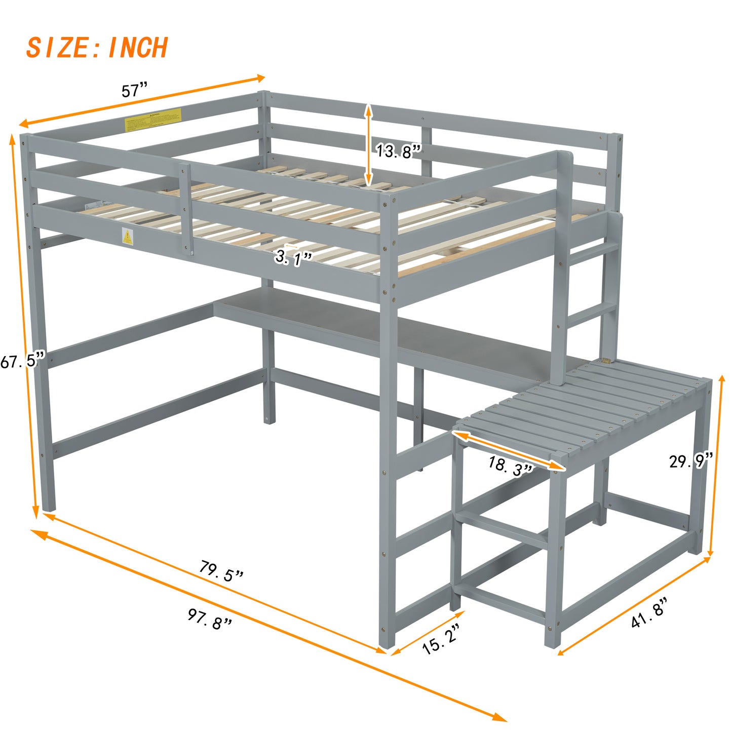 Full Loft Bed with Built-in Desk, Ladder Platform, Ladders, Guardrails,Grey