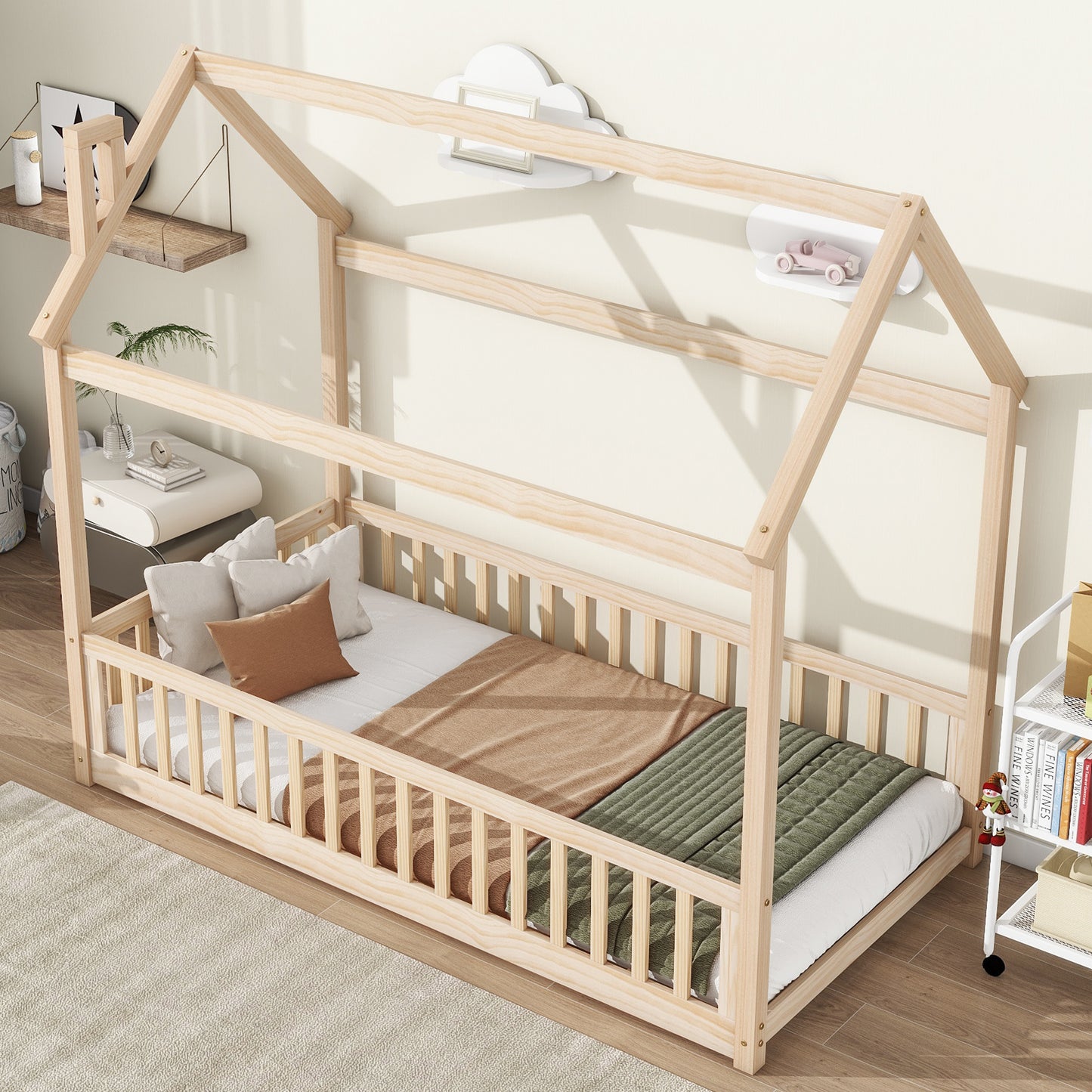 Twin House Bed with Guardrails, Slats ,Natural