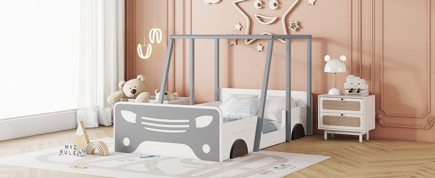 Twin Size Car-shaped Bed with Roof,Wooden Twin Floor Bed with wheels and door Design,Montessori Inspired Bedroom,Grey