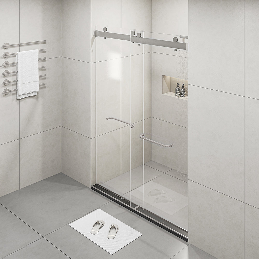 Frameless Sliding Glass Shower Doors 60" Width x 76"Height with 3/8"(10mm) Clear Tempered Glass, Brushed Nickel