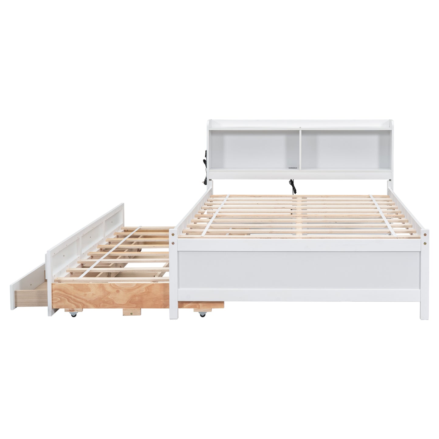 Full Size Bed with USB & Type-C Ports, LED light, Bookcase Headboard, Trundle and 3 Storage Drawers , Full Size Size Bed with  Bookcase Headboard, Trundle and Storage drawers ,White