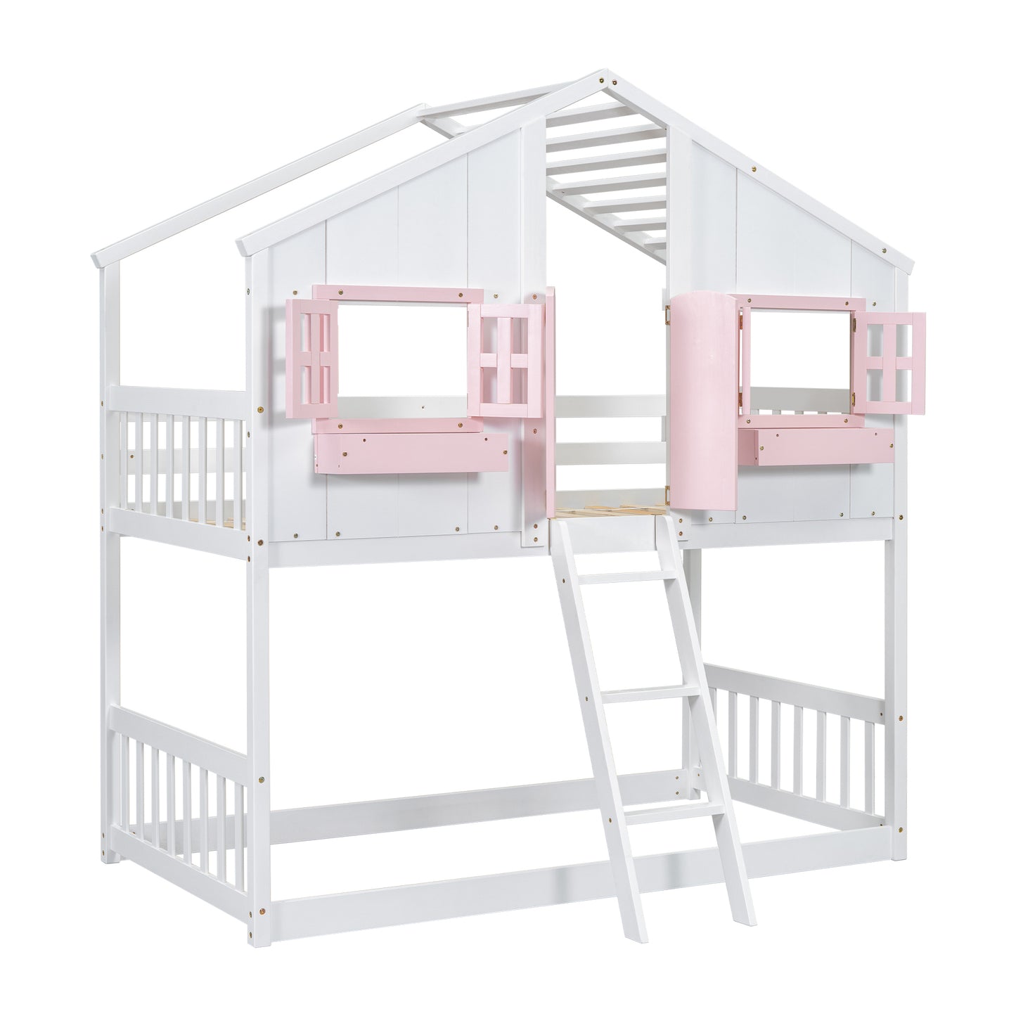 Twin over Twin House Bunk Bed with Roof , Window, Window  Box, Door , with Safety Guardrails and Ladder, Pink/White