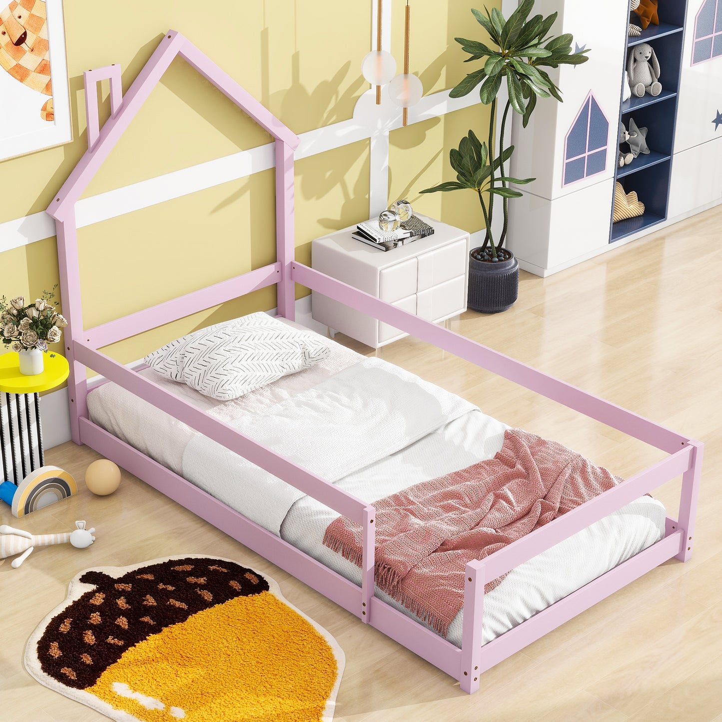 Twin Size Wood bed with House-shaped Headboard Floor bed with Fences,Pink